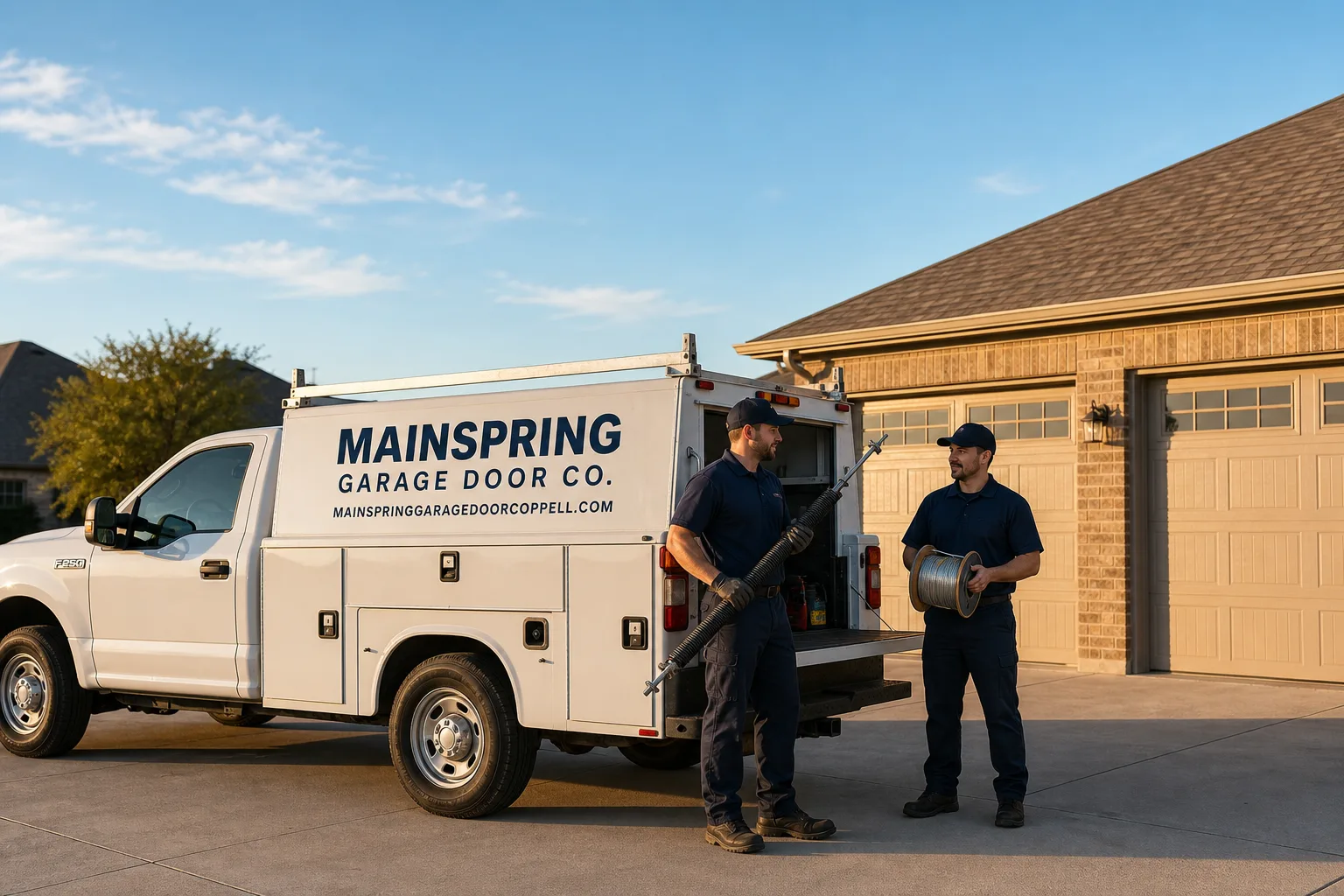 Mainspring Garage Door Co. garage door service vehicle and crew in Coppell, TX